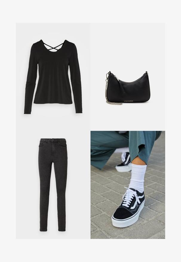 ONLY ONLREBA CROSS BACK - Pikkade varrukatega topp - black; Mustad denimist kitsad püksid, millel on kõrge vöökohaga, viis taskut ja peen tekstuur. Masinpestavad lukuga ees.; Mustjad sametist tennisjalanõud valgete aktsentide ja nööridega, millel on paks valge tald ja kontrastsed õmblused, koos valge sokiga.; Must kharmu kott, mille käänekuju, hõbedane ahelastring, tõmblukuga sulgur ja esiküljel embosed brändi logo. Sile tekstuur.
