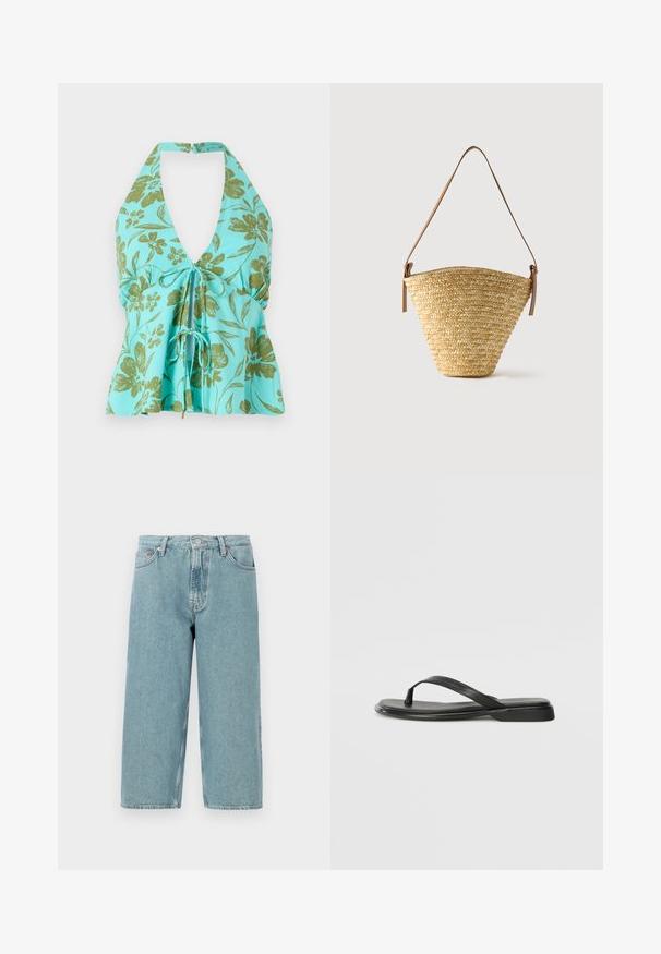 Top halter floral en turquesa con estampado floral verde. Diseño de cuello en V con detalle de cordón ajustable en la parte delantera. Tela ligera.; Pantalones cortos de mezclilla azul claro con cintura alta, corte recto y dobladillo sin acabar. Cuenta con un cierre clásico de botón y cremallera, y cuatro bolsillos.; Chancla negra de piel suave, con un diseño de tira delgada y una suela plana de perfil mínimo. Sin patrones ni acentos notables.; Bolso tipo cubo de paja tejido con base ancha, parte superior estrecha y correa de hombro ajustable de cuero marrón.