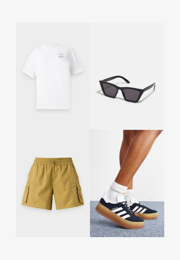 Valge lühikeste varrukatega T-särk, millel on väike punane logo "Billabong Surf Club 1973" ja surfari graafika vasakul ülanurgas.; Khaki värvi cargo-shortsid, millel on elastne vöökoht, nöör ja kaks külje taskut. Valmistatud kerge materjali ja siledanahaga.; Jalad valgete sokkide ja mustade Adidas Gazelle tossudega, millel on valged triibud ja paksud pruunid tallad, halli vaibaga põrandal.; Mustad mustrakellad, millel on hallid šabloonid; valmistatud plastist, paksude ja siledate kätega, ilma nähtava riistvarata.