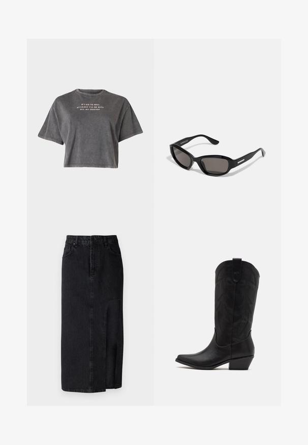 Even&Odd Tričko s potlačou - black; Čierna denim midi sukňa s predným rozparkom. Má štandardný pás, pútka na opasok a predné vrecká. Hladká textúra a rovný strih.; Čierne kožené kovbojské čižmy s špicatou špičkou, nízkym stohovaným podpätkom a zložitým embosovaným vzorom listov na holeni. Očko na vrchu pre jednoduché obúvanie.; Čierne slnečné okuliare s obdĺžnikovým rámom, tmavými šošovkami, hladkým plastovým materiálom a kovovým akcentom na ramene.