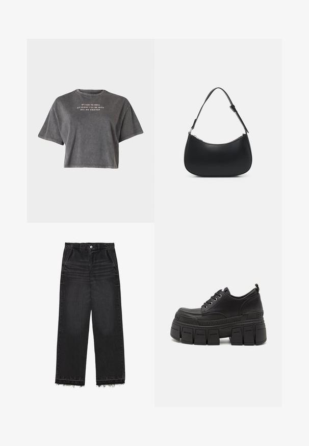 Even&Odd T-shirt print - black; Zwarte denim trousers met een rechte pijp. Kenmerkt zich door een hoge taille, een rafelige zoom en een subtiele vervaagde textuur. Voorzien van zijzakken.; Zwarte platform sneakers met een gladleren bovenkant, vetersluiting, dikke rubberen zool en merkdetail aan de zijkant.; Pieces PCALUANA SHOULDER BAG - Handtas - black