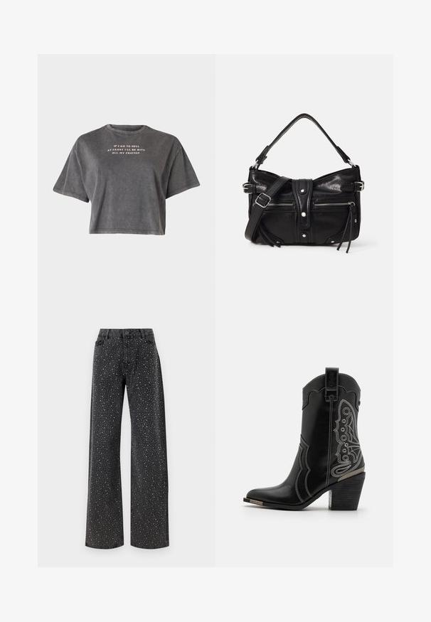 Even&Odd by Zalando T-shirts print - black; Noisy May Rhinestone - Jeans Relaxed Fit - black denim; Sort læder cowboystøvle med hvid stitching og udsmykning på siderne. Hælen er kraftig og struktureret med en metallisk accent.; Even&Odd by Zalando H24462 - Håndtasker - black
