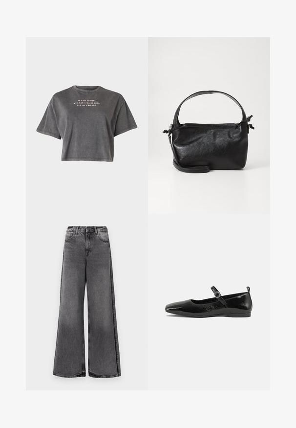 Even&Odd by Zalando T-shirts print - black; Videbenede jeans i falmet sort denim. Har høj talje, forlommer og lige snit. Struktureret stof med synlige syninger.; Sorte patentlæder flade sko med spidse tæer, en ankelrem med spænde og en glat, blank tekstur. Lav hæl for komfort.; Sort læderhåndtaske med et struktureret design, rund tophåndtag og aftagelig skulderrem. Den har en glat tekstur og en subtil glans.