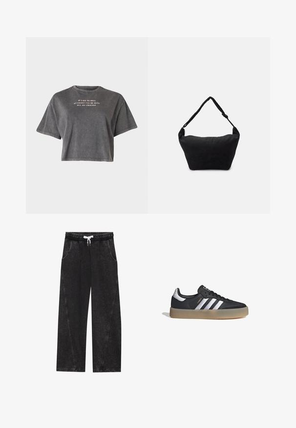 Even&Odd by Zalando Camiseta estampada - black; Pantalones anchos y negros hechos de una tela texturizada. Presentan una cinturilla elástica con un cordón blanco y bolsillos frontales con costuras diagonales.; Zapatilla deportiva de cuero negro con tres rayas plateadas, punta texturizada y suela de goma. Cuenta con un collar acolchado y un diseño con cordones.; Bolso de hombro de tela negro con una superficie suave y texturizada, forma redondeada y una sola correa. Diseño minimalista sin hardware ni acentos visibles.