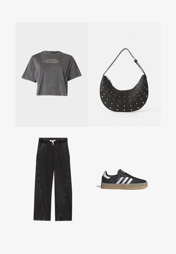 Even&Odd by Zalando Camiseta estampada - black; Pantalones anchos y negros hechos de una tela texturizada. Presentan una cinturilla elástica con un cordón blanco y bolsillos frontales con costuras diagonales.; Zapatilla deportiva de cuero negro con tres rayas plateadas, punta texturizada y suela de goma. Cuenta con un collar acolchado y un diseño con cordones.; Bolso de mano de cuero negro con forma curva, adornado con tachuelas plateadas, cuenta con cierre de cremallera y una sola correa ajustable.