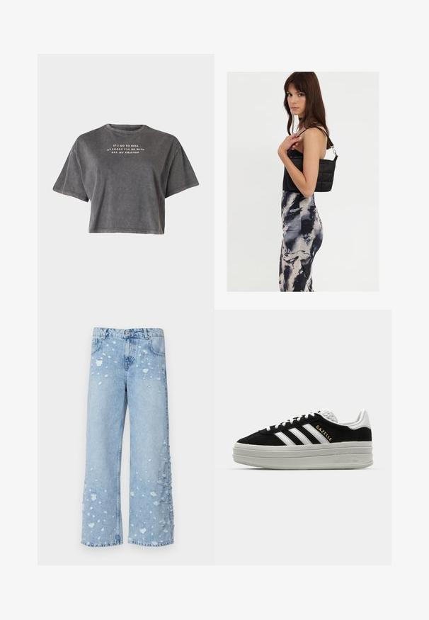 Even&Odd T-Shirt print - black; Helleblaue Denim-Hosen im weiten Schnitt mit abgeschnittenen Patches und fransigen Kanten, fünf Taschen und einem Knopfverschluss an der Vorderseite.; Schwarze Wildleder-Sneaker mit weißen Lederakzenten, drei weißen Streifen, flachen Schnürsenkeln und einer dicken grauen Plateausohle. Goldenes "Gazelle"-Branding.; Schwarze gesteppte Schultertasche mit einem einzelnen Riemen und silberner Hardware, kombiniert mit einem figurbetonten Kleid im Batikmuster in Schwarz- und Cremetönen.