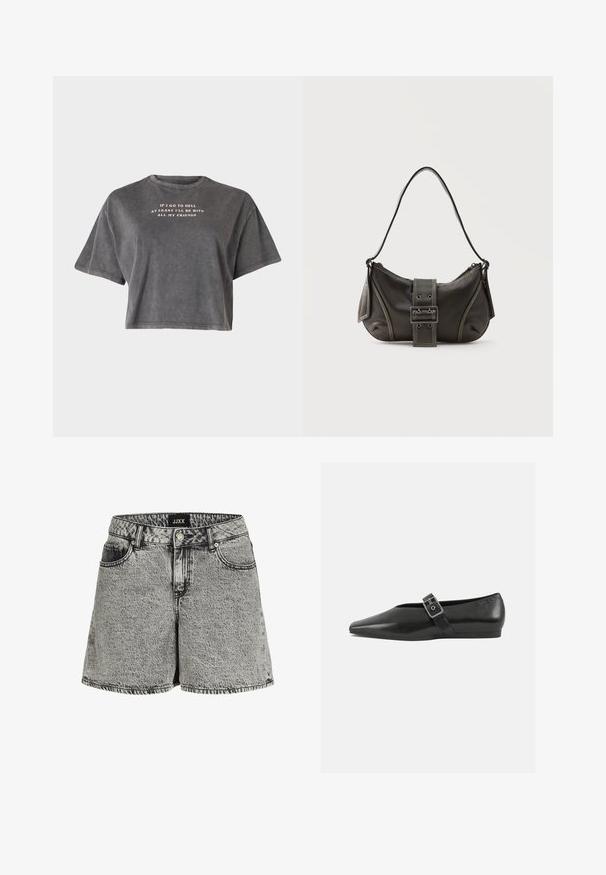 Even&Odd by Zalando Trükipildiga T-särk - black; Mustmust muströöd, musta ja halli värviga, kõrge vöökoht, viie taskuga disain ja kulunud äär. Omab tuhmu tekstuuri ja metallist nööpkinnitust.; Must mustril leedjalats, millel on terav varvas, metallist pandla rihm üle jala ja madal, paindlik tall.; Mustast nahast õlakott pandlanööriga detailiga, kõverate servade ja kontrastse valge õmblusega tavalise tausta peal.