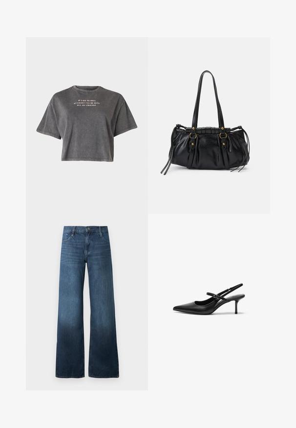 Even&Odd by Zalando T-Shirt print - black; Dunkelblaue Schlagjeans aus Denim, mit hoher Taille, fünftaschen Design und subtiler Ausbleichung am Saum. Standard Knopfverschluss.; Schwarze Leder Slingback-Absätze mit einer spitzen Zehenform, schmalem verstellbarem Riemen und einem etwa 5 cm hohen Stiletto-Absatz, glatte Textur.; Schwarze Lederhandtasche mit runder Form, doppelten Griffen, dekorativen Hardware-Details und seitlichen Bindebändern. Glatte, glänzende Textur.