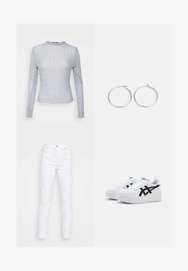 Gina Tricot Petite EVERLY TOP - Camiseta de manga larga - zen blue; Jeans de mezclilla blanca con corte ajustado, que cuentan con una cinturilla estándar, trabillas para cinturón, cinco bolsillos y un cierre clásico de botón.; Zapatillas blancas con una superficie texturizada, franjas laterales negras y una suela blanca gruesa. Presentan un diseño de cordones y un logo en la lengüeta.; sweet deluxe EARRING - Pendientes - silver-coloured