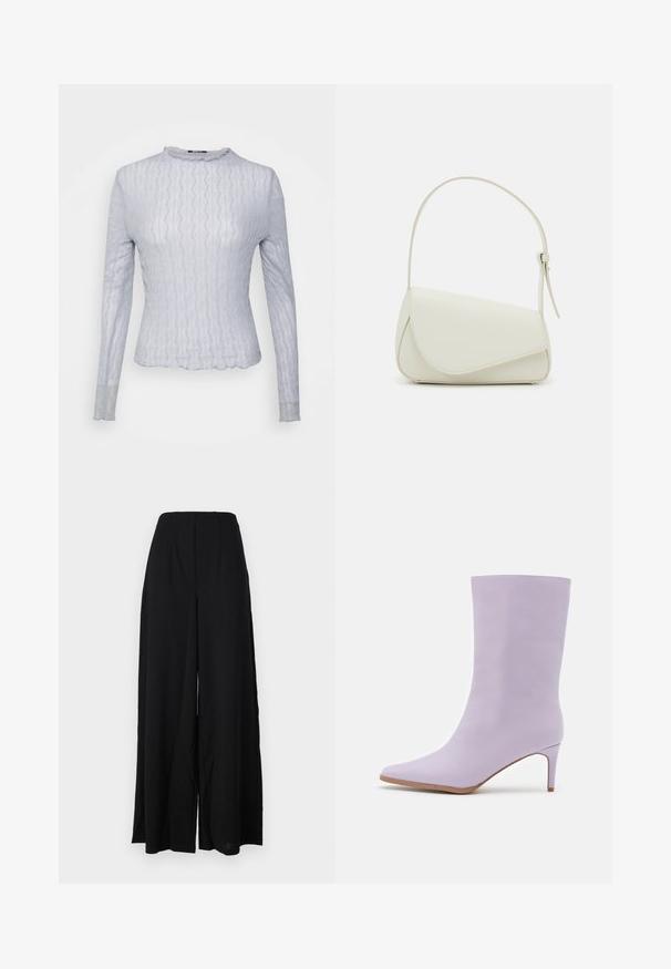 Gina Tricot Petite EVERLY TOP - Langærmet T-shirt - zen blue; Sorte brede bukser lavet af et struktureret stof, med en høj talje, der har folder og rene kanter for en slank silhuet.; Even&Odd Høje støvler/ Støvler - purple; Hvid taske i faux læder med en struktureret trekantet form, enkelt justerbart skulderstrop og en flaplås med kurver.