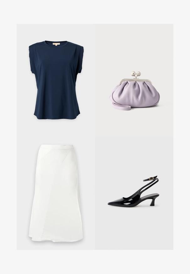 Top sin mangas azul marino con hombreras acolchadas y escote redondo sobre un fondo claro y liso.; Falda blanca de línea A con detalles de costura sutiles y una textura suave, mostrada sobre un fondo gris claro liso.; Zapatos de tacón de charol negro con punta afilada, tacón bajo tipo bloque y correa ajustable en el tobillo con un hebilla dorada.; Bolso de mano suave de lavanda con tela recogida, cierre de beso plateado y correa de muñeca a juego sobre un fondo liso y claro.