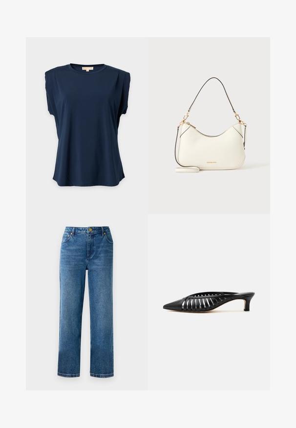 Donkerblauw mouwloos topje met gevoerde schouders en ronde halslijn op een effen lichte achtergrond.; Blauwe high-waisted jeans met een rechte-pijpen-snits, gemaakt van denim, met vijf zakken en details in goudkleurige hardware.; Zwarte leren mule met puntige neus, riemdesign met uitsnijdingen en lage kittenhiel op een witte achtergrond.; Witte leren schoudertas met goudkleurige hardware, zwarte biezen en afneembare schouderriem. Michael Kors-logo in goud onderaan in het midden.