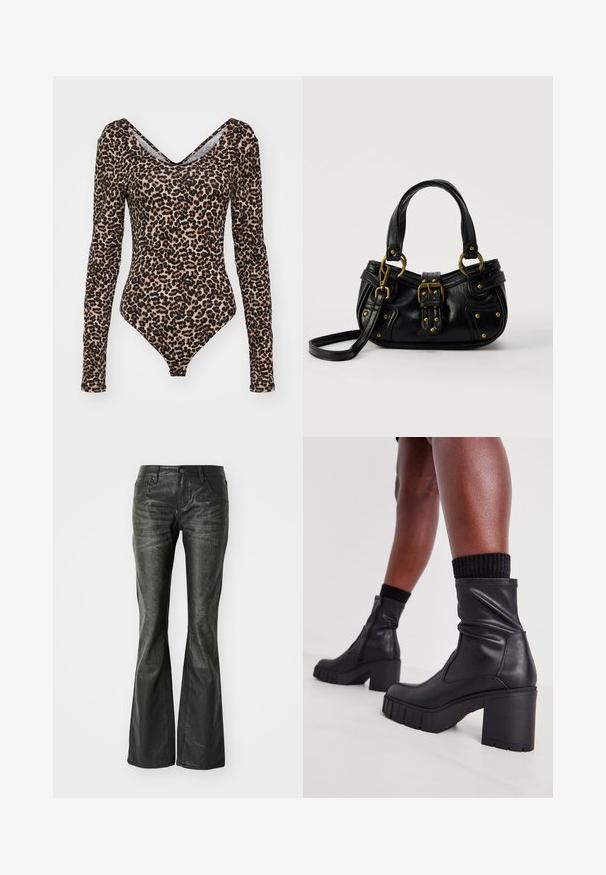 Langærmet bodysuit med leopardprint, v-udskæring, blødt stof og en tætsiddende silhuet med høj skæring ved benet.; Sorte faux læder flared jeans med forlommer, en metalknaplukning og en let tekstureret overflade. Ret ben med en lang skæring.; Sorte læder ankelstøvler med et slouchy design, tykkelhøj hæl og tekstureret gummisål. Har en lynlås lukning på siden.; Sort læderhåndtaske med guldbælge og nitdetaljer, korte håndtag og en justerbar skulderrem på en ensfarvet hvid baggrund.
