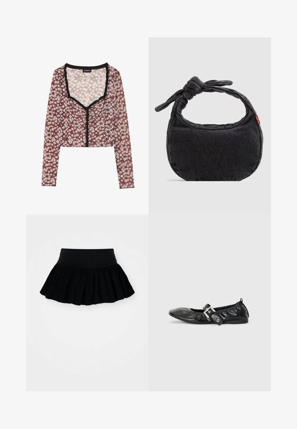 Blumen-Crop-Top mit langen Ärmeln. Rote Basis, Druck mit weißen und rosa Blumen, schwarzer Rüschensaum am Ausschnitt und an der Vorderöffnung, leichtes Material.; Schwarzer ausgestellter Rock aus gerafftem, strukturiertem Stoff mit einem breiten Taillenbund. Schlichtes Design, keine Muster oder Beschläge vorhanden.; Schwarze Leder-Ballerinas mit spitzem Zehenbereich, gerafften Details am Schaft und einem silbernen Schnallenakzent am verstellbaren Riemen.; Kleine schwarze Jeans-Umhängetasche mit geknotetem Riemen und Reißverschluss, mit einem roten Levi's Stoffetikett an der Seite.