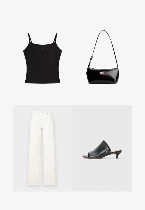 Sort spaghetti-strop top med et lille rødt, hvidt og blåt logo centreret nær udskæringen.; Hvide wide-leg jeans i denim med frayed kanter langs siderne, frontlommer og en klassisk knap- og lynlåsåbning.; Sorte læder open-toe mules med en lav hæl. Har en glat overflade og et guld logo-prim på siden.; Sort patenteret læder skuldertaske med en buet rem, lynlåslukning og et rektangulært logo patch i rød, hvid og blå.