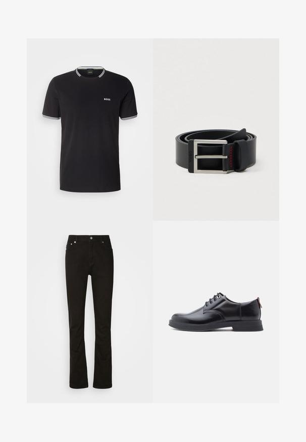 T-shirt en coton noir avec bord blanc au col et aux manches, portant un petit logo blanc "BOSS" sur la poitrine gauche.; Jeans en denim noir au design droit, avec poches avant, braguette zippée et accents en métal argenté. Texture lisse, sans motifs.; Chaussures en cuir noir à lacets avec une texture lisse, un bout arrondi et des détails de couture discrets. Présentent une languette rouge à l'arrière.; Ceinture en cuir noir enroulée avec une boucle métallique rectangulaire argentée et un détail de couture rouge près de la boucle.