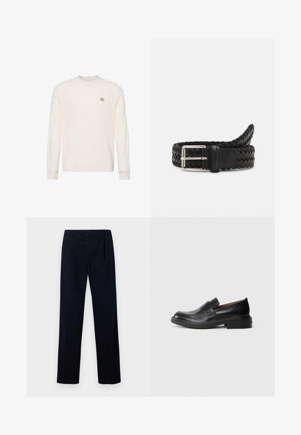 Biely pletený sveter s dlhým rukávom, okrúhlym výstrihom a malou béžovou nášivkou s logom Calvin Klein na ľavej strane hrudníka.; Námornícky modré nohavice vyrobené z textúrovanej tkaniny, s plochým predným dielom, dvoma záhybmi a zapínaním na gombík, s rovnými nohavicami.; Čierne kožené slip-on formálne topánky s nízkym podpätkom a diskrétnym logom Calvin Klein na boku, zobrazené v profilu na bielom pozadí.; Čierny pletený kožený opasok so striebornou kovovou sponou. Má jemný, štruktúrovaný povrch a klasický dizajn.