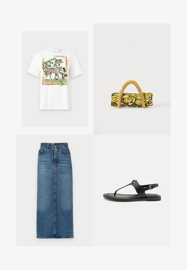 T-shirt blanc à manches courtes avec imprimé léopard coloré et plante verte feuillue encadré par une bordure à motifs sur le devant.; Jupe en denim, mi-longue, délavée bleu clair, taille haute, design à cinq poches, coupe droite, texture décolorée, avec des accents de couture visibles.; Sandale noire en cuir avec lanière de cheville sécurisée, présentant une surface lisse, une semelle plate et un détail de boucle argentée.; Sac rectangulaire avec motif floral jaune et noir et anse tressée jaune et rose sur fond blanc.