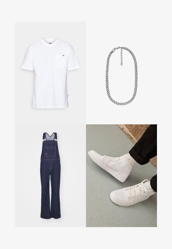 Valge puuvillane t-särk ümmarguse kaeluse, lühikeste varrukate ja rindade taskuga, millel on vasakul pool väike brändi logo.; Dickies CLASSIC - Sirgete säärtega teksad - rinsed; Valged kõrged spordijalatsid sujuvast nahast, millel on perforatsioonidega varvas, paeltega sulgemine ja diskreetne logodetail küljel. Tekstuuriga kummitald.; Hõbedase tooniga curb-kett kaelakee, millel on homaari lukk ja reguleeritav pikendusketi valge taustal.