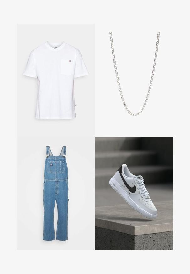 Hvid bomulds t-shirt med rund halsudskæring, korte ærmer og en brystlomme med et lille mærke-logo på venstre side.; Lysblå denim overalls med justerbare stropper, frontlomme og sidelommer. Løs pasform med lige ben, lavet af bomuldsstof.; Hvid Nike Air Force 1 sneaker med sort swoosh-logo, svævende over en betonforkant med slørede trapper i baggrunden.; Sølv kædedesign med sammenkoblede led, glat tekstur og ensartet rektangulær form. Sikker lukning.