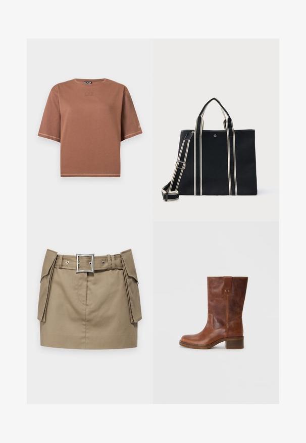 Pruun lühikeste varrukatega lühendatud T-särk ümmarguse kaelusega, EA7 Emporio Armani logo vaikselt trükitud rinnale ja varrukale, lihtne disain.; Khaki mini seelik laia vööga, millel on ruudukujuline hõbedane pandla, küljetaskud ja sile, vastupidav kangast tekstuur.; Pruuni nahast põlve kõrgune saabas ümara varbaga, kontrastset külgmise paneeliga ja madala ploki kontsaga. Omab tagaküljel nööri ja metallitutid.; Must käekott, millel on kaks lühikest sangast ja eemaldatav triibuline õlarihm ning vertikaalsed valged triibud.