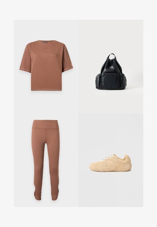 T-shirt marron court à manches courtes avec col rond, logo EA7 Emporio Armani discrètement imprimé sur la poitrine et la manche, design uni.; Leggings marron taille haute avec détails froncés à la cheville, présentés sur un fond clair uni.; Baskets en daim beige avec motifs texturés, bout arrondi, avant à lacets et col matelassé. Semelle en caoutchouc flexible pour une meilleure adhérence.; Sac à dos en cuir noir avec cordon, poches zippées à l'avant et sur le côté, avec logo "EA7 Emporio Armani" embossé sur la poche avant.