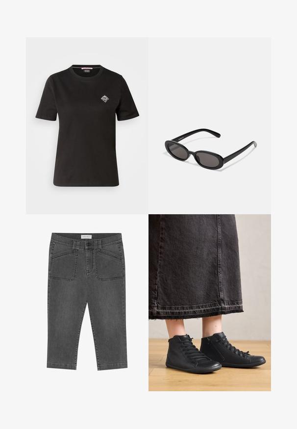 T-shirt en coton noir avec un col rond, des manches courtes et un petit motif graphique blanc sur la partie gauche de la poitrine.; Pantalons capri en denim gris au design ajusté, avec poches avant, fermeture à bouton et une texture légèrement usée.; Chaussures montantes en cuir noir avec une texture lisse, dotées de lacets et d'une fermeture éclair sur le côté. Portées avec une longue jupe en denim noire.; Even&Odd by Zalando Lunettes de soleil - black