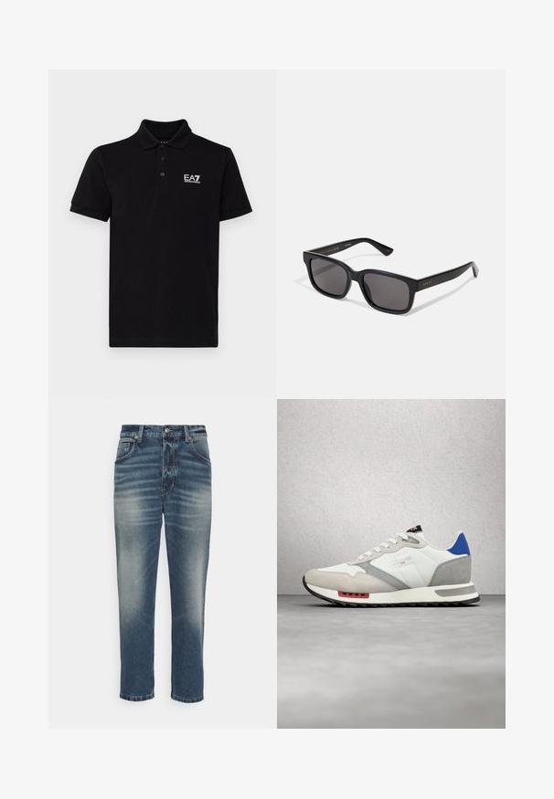 Polo noir en coton avec un col classique, une patte de boutonnage à trois boutons et un logo EA7 blanc sur la poitrine gauche. Manches courtes.; Jean en denim bleu avec une finition délavée, coupe droite, style à cinq poches et accents en métal couleur cuivre.; Baskets blanches et grises avec une tige en daim et cuir, un accent bleu au talon, des accents rouges et une semelle noire texturée.; Lunettes de soleil noires rectangulaires avec des verres sombres. Fini mat, branding doré sur la branche, et bras droits et effilés.