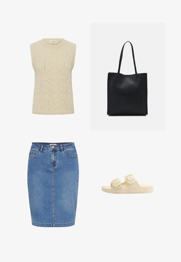 Ærmeløs beige strikket vest med bølgede kanter og indviklet geometrisk og blomsteråbent mønster, rund halsudskæring og "soaked" mærke inde i kraven.; Lysblå denimnederdel med tætsiddende design, frontknaplukning, fem lommer og kontrastsyer langs sømmene.; Beige slidesandal med to justerbare remme med spænder og en rillede sål, designet til afslappet brug og komfort.; Sort læder tote taske med glat tekstur, rektangulær form og to lange hanke. Ingen synlig hardware eller udsmykninger.