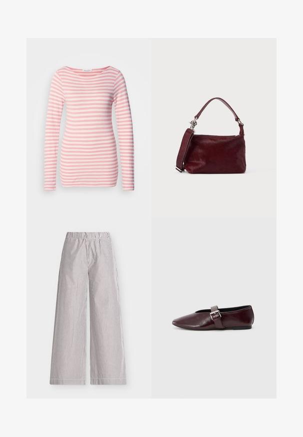 Chemise à manches longues à rayures horizontales roses et blanches. Tissu en coton doux avec un large col et une coupe slim. Pas de matériel notable.; Pantalon à jambes larges avec fines rayures verticales noires et blanches, taille élastique et poches latérales sur un fond gris clair.; Ballerines en cuir bordeaux avec un bout pointu, une semelle plate et une sangle décorative avec boucle sur le cou-de-pied. Texture lisse et brillante.; Petit sac à main rectangulaire bordeaux avec finition texturée, poignée courte et bandoulière amovible sur un fond clair uni.