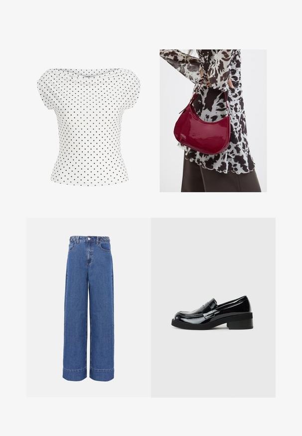 Blouse blanche à manches courtes avec encolure bateau et motif à pois noirs, cintrée à la taille.; Jean en denim bleu à jambes larges avec ceinture tressée, bouton frontal et poches, présenté sur un fond uni.; Mocassins en cuir verni noir avec un bout rond, un petit talon carré et une finition lisse et brillante. Présente une sangle décorative à l'avant.; Femme portant un chemisier à motif noir et blanc tenant un sac à main rouge brillant sur un fond uni.