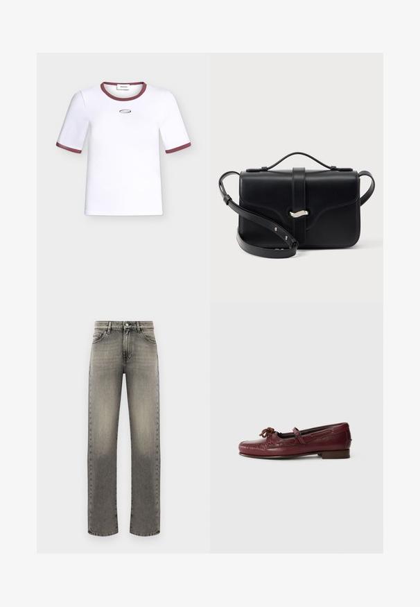 Weißes T-Shirt mit kurzen Ärmeln und weinrotem Rand am Kragen und an den Ärmelenden, mit einem kleinen ovalen Logo und Text auf der Brust.; Graue Jeans aus Denim mit geradem Bein, die ein verblasstes Muster, fünf Taschen und eine Steppnaht entlang der Nähte und des Bundes aufweisen.; Bordeauxfarbene Lederloafers mit runder Zehenpartie, dekorativem Schleifendetail und subtilen Nähten, auf einem niedrigen, flachen Absatz.; Schwarze Leder-Umhängetasche mit Tragegriff oben, silberner Schnalle und verstellbarem Schulterriemen vor weißem Hintergrund.