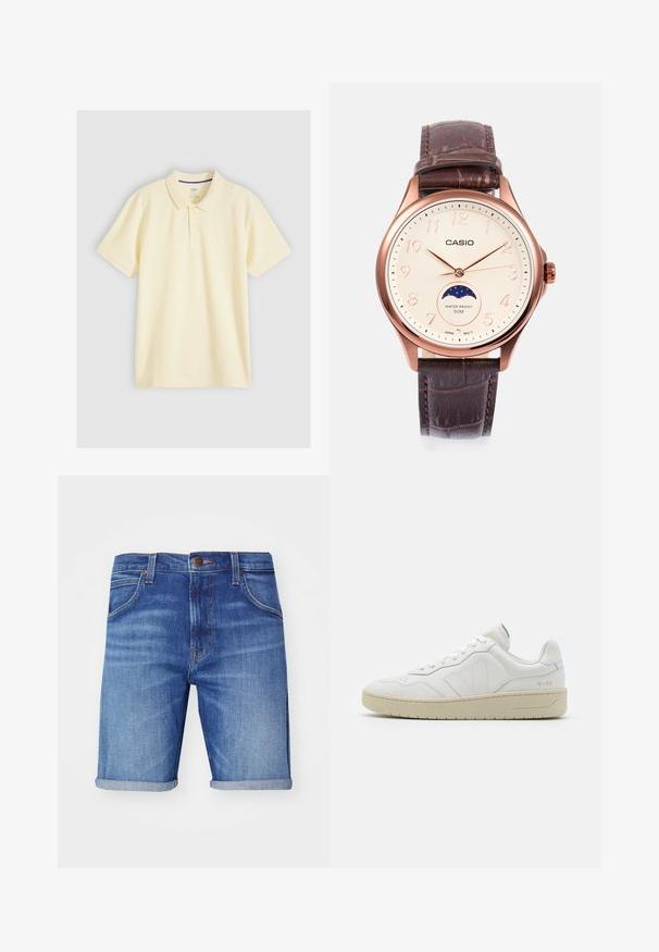 Lysegul kortærmet poloshirt med krave og to-knaps slids vist på lys grå baggrund.; Dunjshorts i lys blå med en falmet vask, der har optrullede kanter, fem lommer og en mærket metalknap i taljen.; Hvide lædersneakers med struktureret overflade og polstret krave. Har en beige gummisål og diskret branding på hælen og siden.; Casio ur med en cremefarvet skive, rose-guld urkasse, brun læderrem og månens faseindikator. Vandafvisende op til 50 meter.