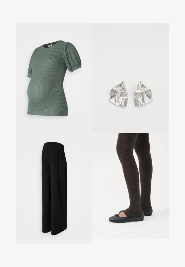 MAMALICIOUS Maternity- - Camiseta básica - laurel wreath; Vero Moda Maternity Wide-leg Wide Leg Fit - Pantalones - black; Piernas con leggings oscuros acanalados combinados con bailarinas negras que presentan pequeños detalles de lazo sobre un fondo blanco.; Pendientes de metal plateado con un diseño ondulado y escultórico, que presentan un acabado pulido y formas irregulares, destacando una estética contemporánea.