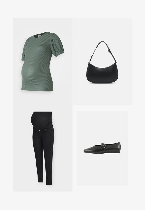 MAMALICIOUS Maternity- - Βασικό μπλουζάκι - laurel wreath; Μαύροι εγκυμοσύνης τζιν με εφαρμοστή γραμμή, διαθέτουν ελαστικό πάνελ για την κοιλιά και κούμπωμα με κουμπιά· λεία υφή τζιν και κλασική σιλουέτα.; Μαύρο δερμάτινο παπούτσι φλατ με μυτερή μύτη, διαθέτοντας μια μεταλλική πόρπη που διασχίζει το κέντρο του ποδιού και μια χαμηλή, ευέλικτη σόλα.; Pieces PCALUANA SHOULDER BAG - Τσάντα χειρός - black
