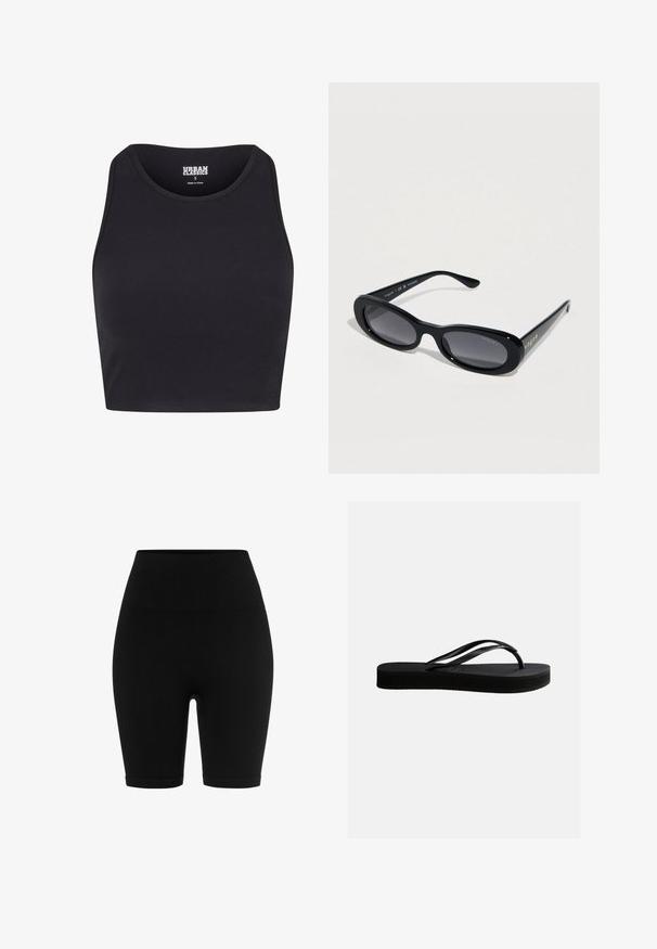 Top corto negro de tela acanalada, con escote redondo y tirantes anchos. La etiqueta dice "Urban Classics", talla S.; Pantalones cortos de ciclismo negros acanalados con una cintura alta, con una textura suave y un corte hasta la rodilla. Sin patrones visibles ni accesorios.; Chancla negra de goma con suela texturizada y correa en forma de Y, mostrada en vista lateral sobre un fondo liso y claro.; Gafas de sol ovaladas negras con lentes grises polarizadas; montura de plástico brillante; marca "vogue" en dorado en el lateral. Textura suave y diseño elegante.