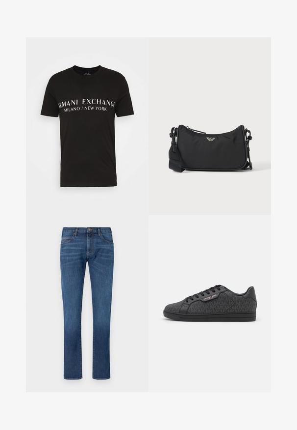 Sort bomulds T-shirt med teksten "ARMANI EXCHANGE MILANO / NEW YORK" i hvid, med en klassisk rund hals og korte ærmer.; Blå denimjeans med lige ben, der har et klassisk design med fem lommer og knaplukning. Diskret falming over stofteksturområdet.; Sorte sneakers med en tekstureret stofoverdel med et subtilt MK-mønster, sorte læderdetaljer og en sort gummisål.; Sort rektangulær crossbody taske med sølv brandlogoemblem og justerbar rem på lys baggrund.