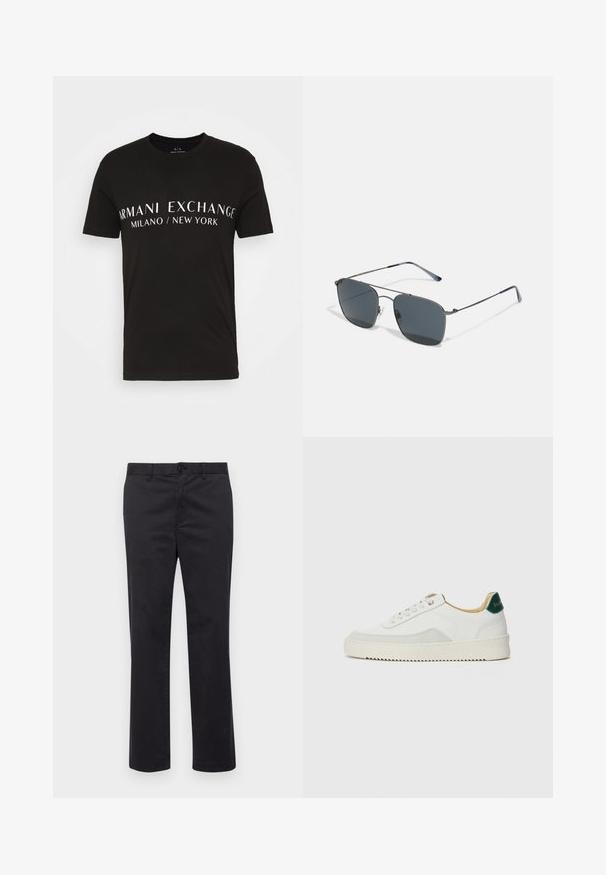 T-shirt en coton noir arborant le texte "ARMANI EXCHANGE MILANO / NEW YORK" en blanc, avec un col rond classique et des manches courtes.; Pantalons en coton noir avec une coupe droite, dotés d'une fermeture à bouton et de passants de ceinture. Texture lisse, sans motifs ni accents visibles.; Baskets blanches avec des accents en daim, bout arrondi, lacets plats et semelle en caoutchouc crème. Présente une marque verte sur le talon.; Lunettes de soleil en métal avec de grandes lentilles foncées. Forme carrée avec une finition mince et polie et des pointes de branches accentuées en bleu. Design léger.