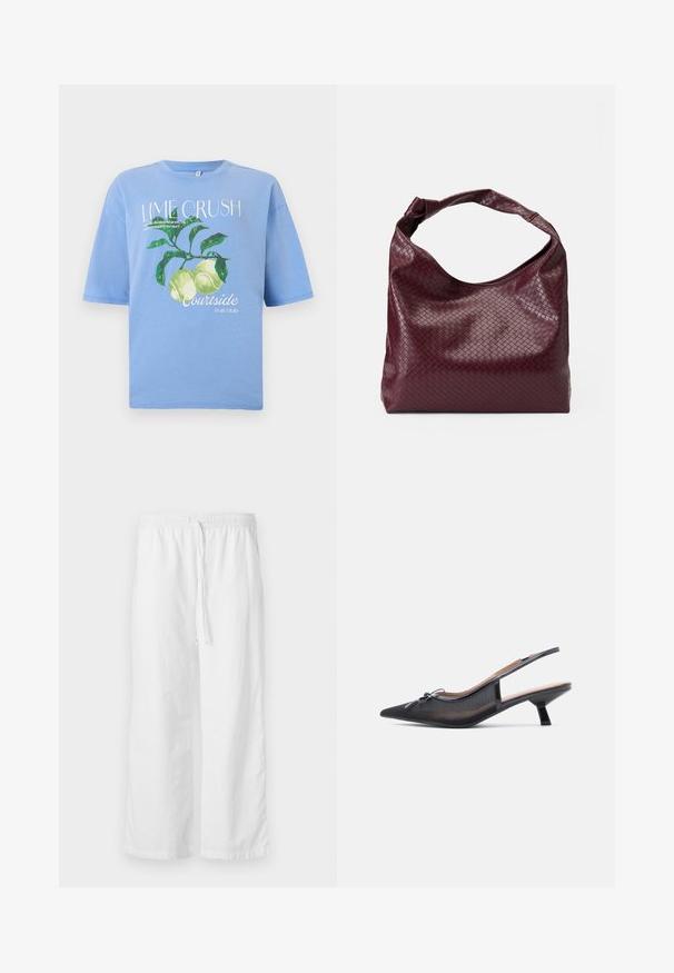 Hellblaues T-Shirt mit grünen Limetten und Blättern sowie weißem Text: "Lime Crush", "Courtside Fruit Club" und kleinerem Druck unter dem Haupttitel.; Weiße, strukturierte, weit geschnittene Hosen mit einem elastischen Bund und verstellbarem Kordelzug. Einfaches, minimalistisches Design ohne Verzierungen.; Schwarzer Slingback-Schuh mit spitz zulaufender Zehe, Mesh- und Stoffmaterial, kleinem Blockabsatz, dekorativem Schleifendetail vorne.; Bordeauxfarbene Tasche mit einer strukturierten, gewebten Musterung, weichem Leder und einem einzelnen, verknoteten Griff. Geräumiges Hobo-Design.