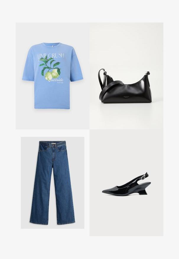 Lichtblauw T-shirt met groene limoenen met bladeren en witte tekst: "Lime Crush," "Courtside fruit club," en kleinere tekst onder de hoofdtitel.; Wijde blauwe denim jeans met een hoge taille, voorzien van een klassiek vijf-pocket ontwerp en een gestructureerde tailleband.; Zwarte lakleren slingback schoen met spitse neus en lage schuine blokhak op een effen lichte achtergrond.; Zwarte leren handtas met een gladde textuur. Beschikt over een verstelbare schouderband en een strak, minimalistisch ontwerp met een ritssluiting.