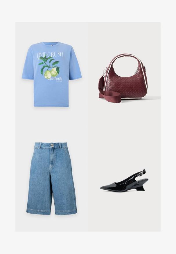 T-shirt bleu clair avec des citrons verts et des feuilles, et du texte blanc : « Lime Crush », « Courtside fruit club », avec une impression plus petite sous le titre principal.; Shorts en denim bleu taille haute à jambes larges, deux poches avant, passants de ceinture et fermeture à double bouton sur un fond uni.; Chaussure slingback en cuir verni noir avec bout pointu et petit talon bloc incliné sur fond clair uni.; Sac à main en cuir tressé marron foncé avec poignée courbée, garniture blanche, fermeture éclair argentée et bandoulière large en tissu amovible sur fond uni.