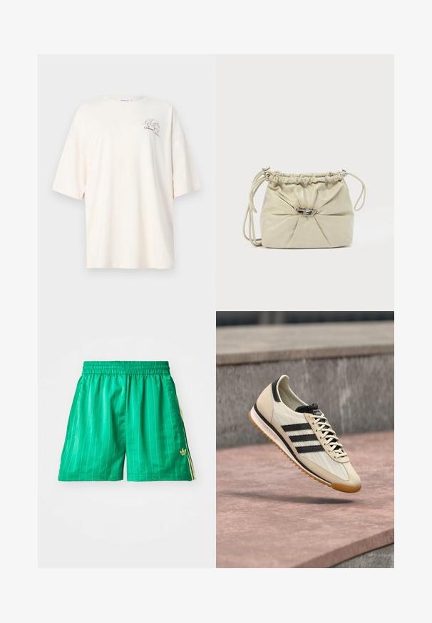 Kremfarvet oversized T-shirt med korte ærmer og et lille croissantgrafik samt teksten "Le Croissant" på venstre bryst.; Grønne sportsshort med hvide lodrette striber, elastisk talje og gule sidelagner. Har et lille guld logo nederst til venstre.; Beige og sort Adidas-sneaker med gummisål, svævende over en stensurface, der viser side- og topvinkler.; Blød beige skuldertaske i læder med rynket top, sølvfarvet tryk-lås-lukning og tynd justerbar skulderrem på hvid baggrund.