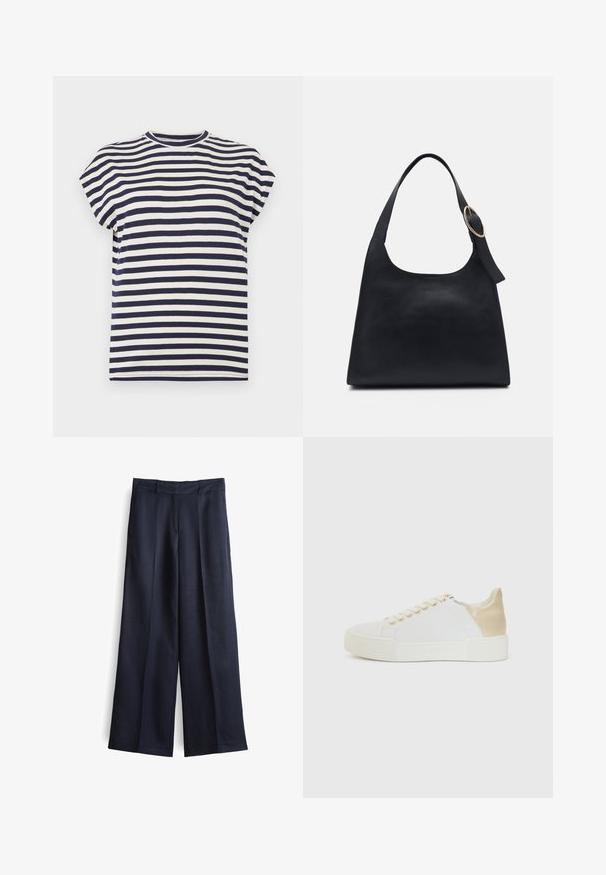 Korte mouw T-shirt met ronde hals en horizontale strepen in marineblauw en wit, plat gelegd op een witte achtergrond.; Wijd uitlopende broek in donker marineblauwe stof met een soepele textuur, voorzien van een voornaad, riemlussen en een op maat gemaakte tailleband.; Witte sneaker met een gestructureerd oppervlak, gouden veterogen, beige leren accent op de hiel en een ribbelzool van rubber.; Zwarte leren tote bag met een gladde textuur, ronde vorm en een enkele schouderband met een ronde gouden hardware accent.
