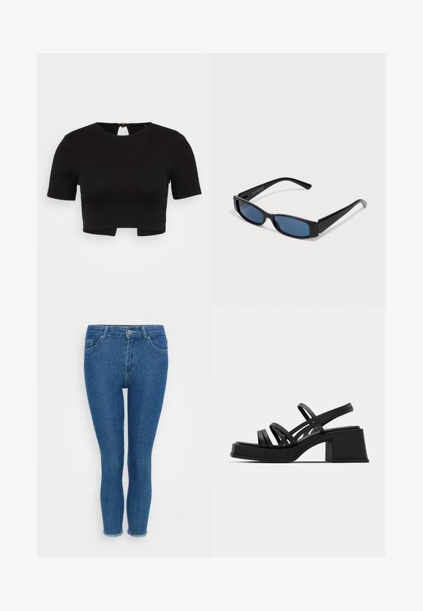 ONLY Petite ONLRENE OPEN BACK HEART - Tričko s potlačou - black; Modré džínsové skinny nohavice s vysokým pásom, ktoré majú päť vreciek, zapínanie na gombík a roztrhnuté spodné lemy. Hladká textúra.; Čierne sandále na vysokom podpätku s viacerými tenkými popruhmi a širokým blokovým podpätkom. Elegantný dizajn s matným povrchom. Chodidlová časť má mierny ohyb.; Čierne slnečné okuliare s elegantným obdĺžnikovým rámom a modrými sklami. Majú hladký povrch a robustné ramienka. Na strane je logo značky.