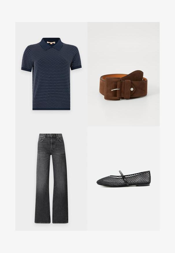 Marineblaue Polohemd mit kurzen Ärmeln, weißem Polka-Dot-Muster sowie geripptem Kragen und Bündchen, dargestellt vor weißem Hintergrund.; Schwarze Denim-Jeans mit hoher Taille und weitem Bein. Verfügt über fünf Taschen und eine subtile verbleichte Textur mit kontrastierenden Nähten.; Schwarzer flacher Mary Jane Schuh mit Mesh-Obermaterial mit Fischnetzmuster und kleinen Verzierungen sowie einem dünnen Riemen mit Schnallenverschluss.; Brauner Wildledergürtel mit einem breiten Design. Verfügt über eine quadratische Metallschnalle und eine innere Lederfutter. Texturierte Oberfläche mit glatten Kanten.