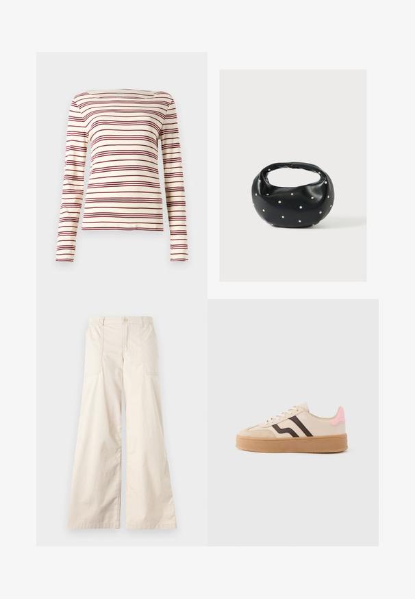 Μακρυμάνικη μπλούζα σε κρεμ απόχρωση με μπορντό οριζόντιες ρίγες; λαιμόκοψη bateau; μαλακό ύφασμα; εφαρμοστή σχεδίαση με ελαφριά ελαστικότητα.; Μπεζ παντελόνι σε φαρδιά γραμμή με κλείσιμο κουμπιού, ελαστική μέση και δύο πλαϊνές τσέπες. Λείο ύφασμα από βαμβάκι με απαλή υφή.; Μπεζ αθλητικά παπούτσια με καφέ ρίγες, ροζ λεπτομέρεια στη φτέρνα, καστόρινη μύτη και σόλα σοκολάτας. Διαθέτουν κλείσιμο με κορδόνια και στρογγυλεμένο σχέδιο.; Μαύρη δερμάτινη τσάντα χειρός με στρογγυλεμένο σχήμα, διακοσμημένη με ασημένιες λεπτομέρειες με καρφιά και κοντή λαβή. Λείο υλικό και κλείσιμο με φερμουάρ.