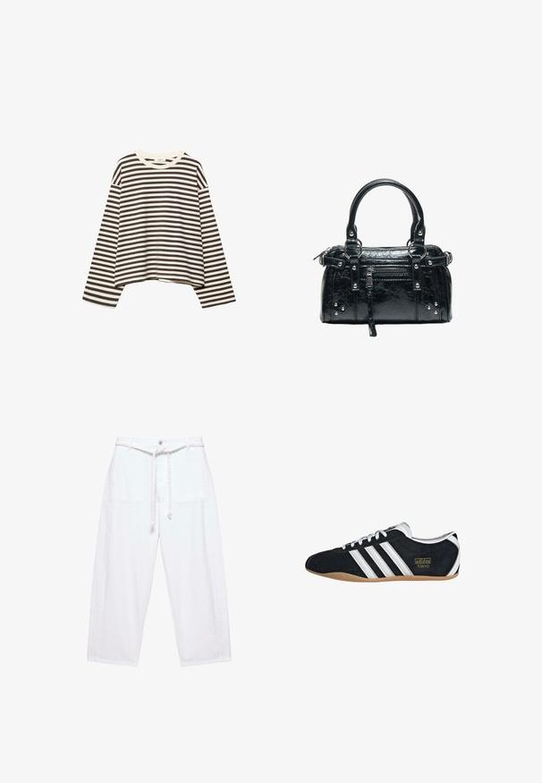 Chemise courte à manches longues avec des rayures horizontales noires et blanches et un col rond, présentée sur un fond blanc.; Pantalon blanc à jambes larges avec poches plaquées à l'avant et ceinture tressée nouée à la taille, fermeture à bouton et zip.; Sneakers en suede noir avec trois bandes blanches, logo doré et semelle en caoutchouc marron. Présente un design à lacets à profil bas.; Sac à main en cuir noir avec deux poignées, poche avant zippée, clous argentés et surface texturée isolée sur fond blanc.