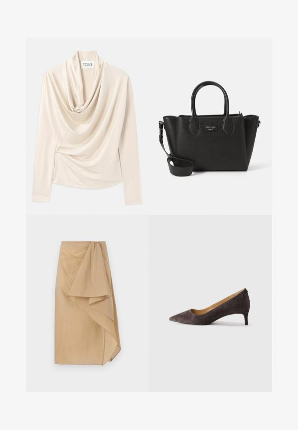 Beige top med lange ærmer, draperet design og blød, glat tekstur. Sikkerhed i taljen med diskret samling.; Beige indpakningsnederdel i let vævning med en asymmetrisk drapering, der har et samlet taljebånd og en glat tekstur. Ingen synlige lukninger.; Mørkebrun ruskind stiletto-pumps med spids tå og lav hæl, med en slank hæl og glat tan indvendig foring, vist i profil på en neutral baggrund.; Struktureret sort tote bag lavet af pebble læder, med to top-hanke, aftagelig skulderrem og et logo-plakette på fronten.