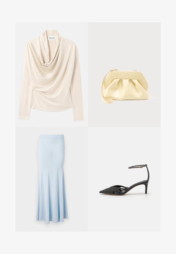 Beige top med lange ærmer, draperet design og blød, glat tekstur. Sikkerhed i taljen med diskret samling.; Lys blå strikket nederdel med flagrende kant, mellemlang design og ribbet talje. Glat tekstur, ingen synlige mønstre eller detaljer.; Sort læder højhælet sko med spids tå, åbne sider og en tynd ankelrem med en lille guld detalje.; Clutch-taske i cremefarvet læder med en struktureret topramme og håndledsrem, vist mod en enkel lys baggrund.