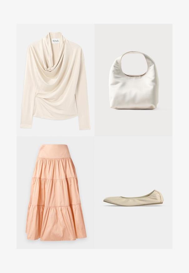 Haut beige drapé à manches longues, design à col drapé et texture douce et lisse. Maintenu à la taille avec des détails froncés subtils.; Jupe en cascade de couleur pêche, fabriquée dans un matériau léger. Elle présente une large taille élastique et une texture douce plissée sur l'ensemble.; Ballerine beige en cuir souple avec bout arrondi, profil latéral bas et semelle fine en caoutchouc sur fond blanc uni.; Sac à main blanc doux avec une poignée rectangulaire arrondie et une texture souple et lisse sur un fond clair.